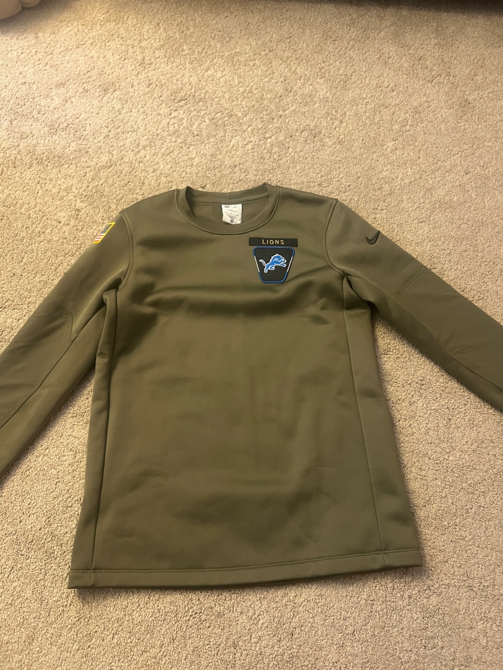 Detroit Lions Nike Olive Green Performance Crewneck with Lions Patch